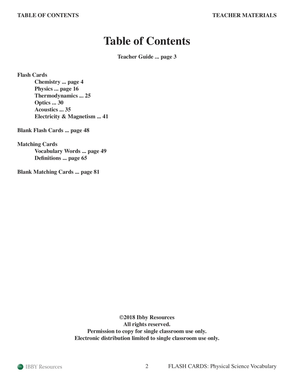 Table of contents: flash cards for chemistry, physics, thermodynamics, optics, acoustics, electricity, plus matching cards