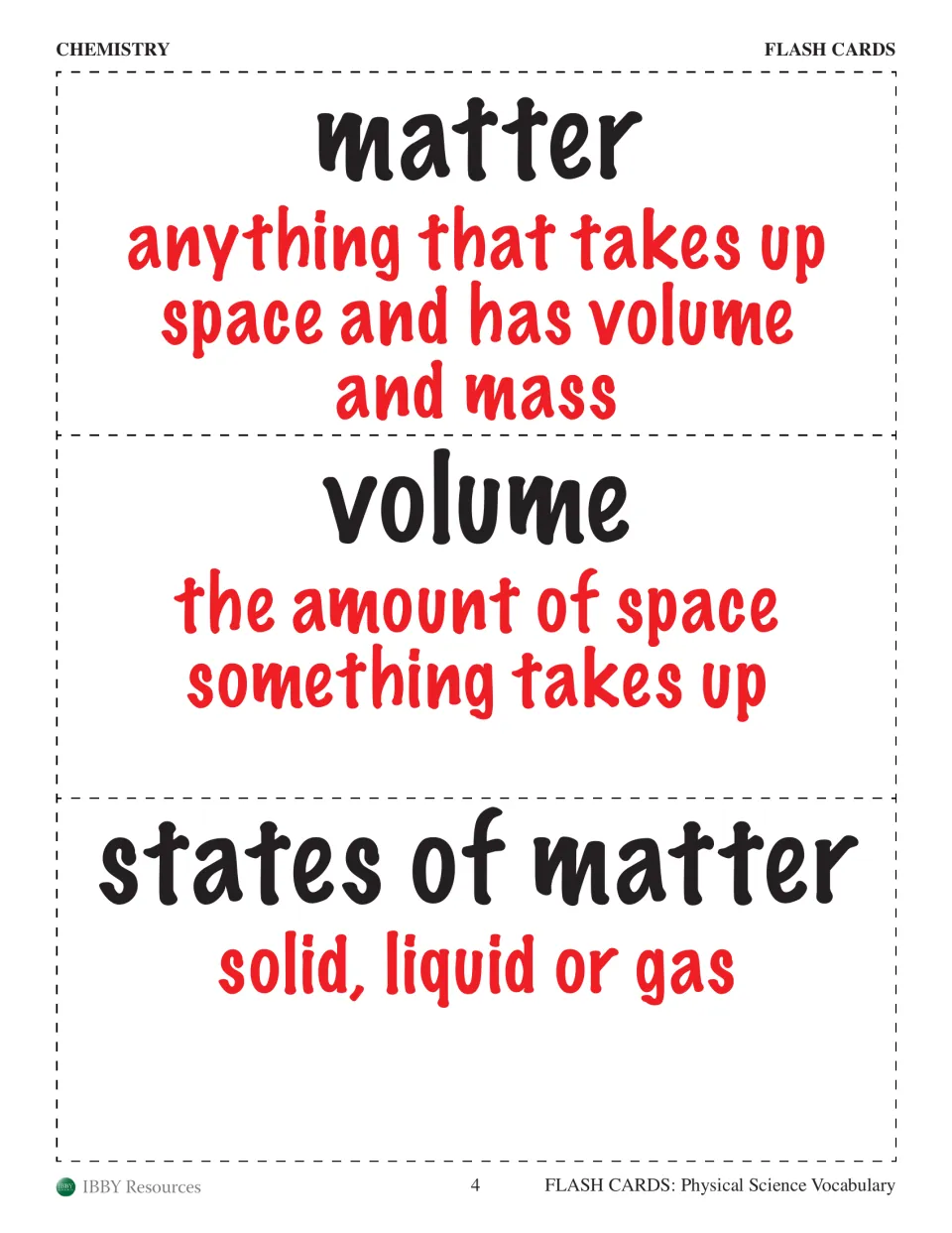 Chemistry flash cards to cut out for matter, volume and states of matter, each word shown with its definition