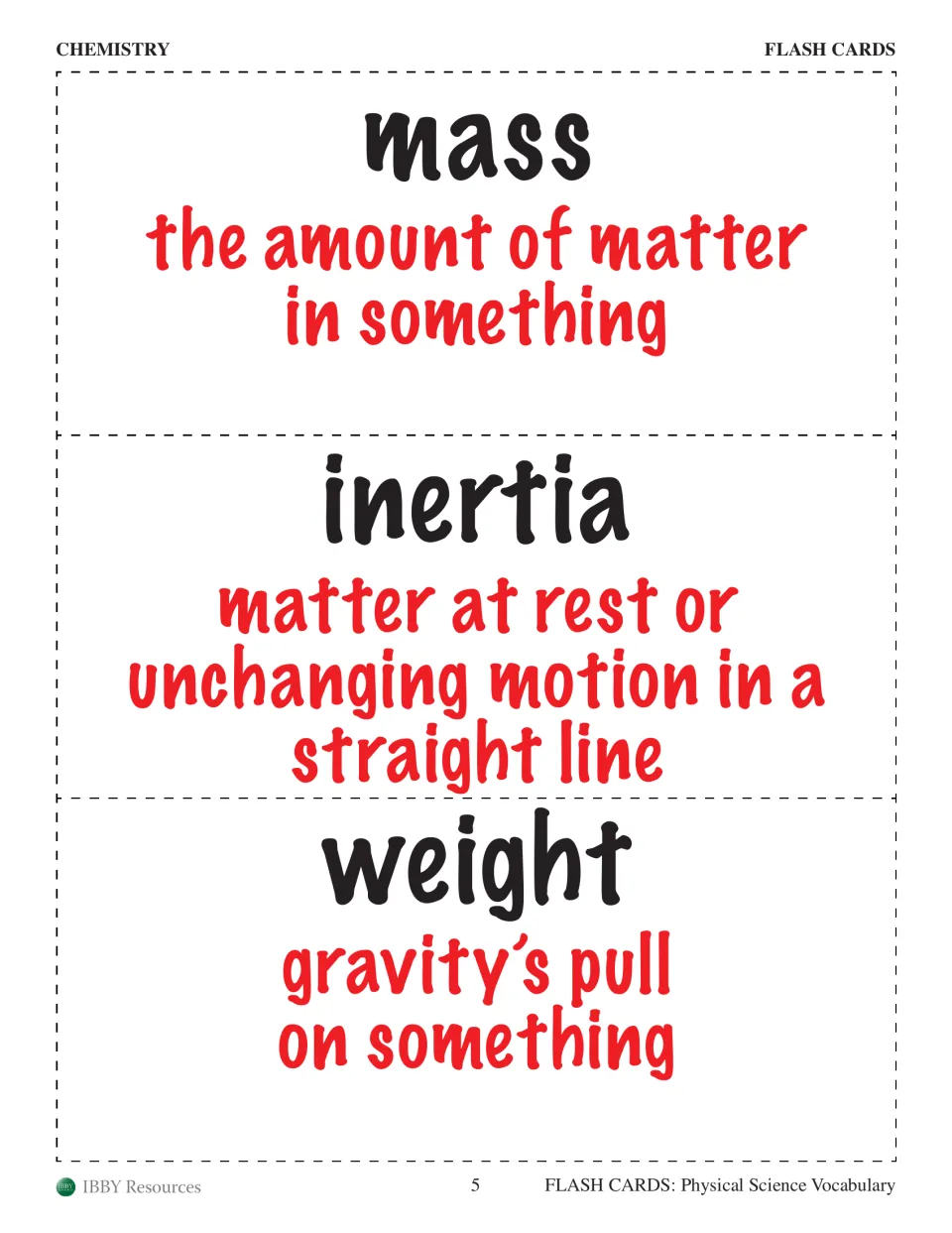 Chemistry flash cards for mass, inertia and weight, defining weight as gravity's pull for vocabulary review