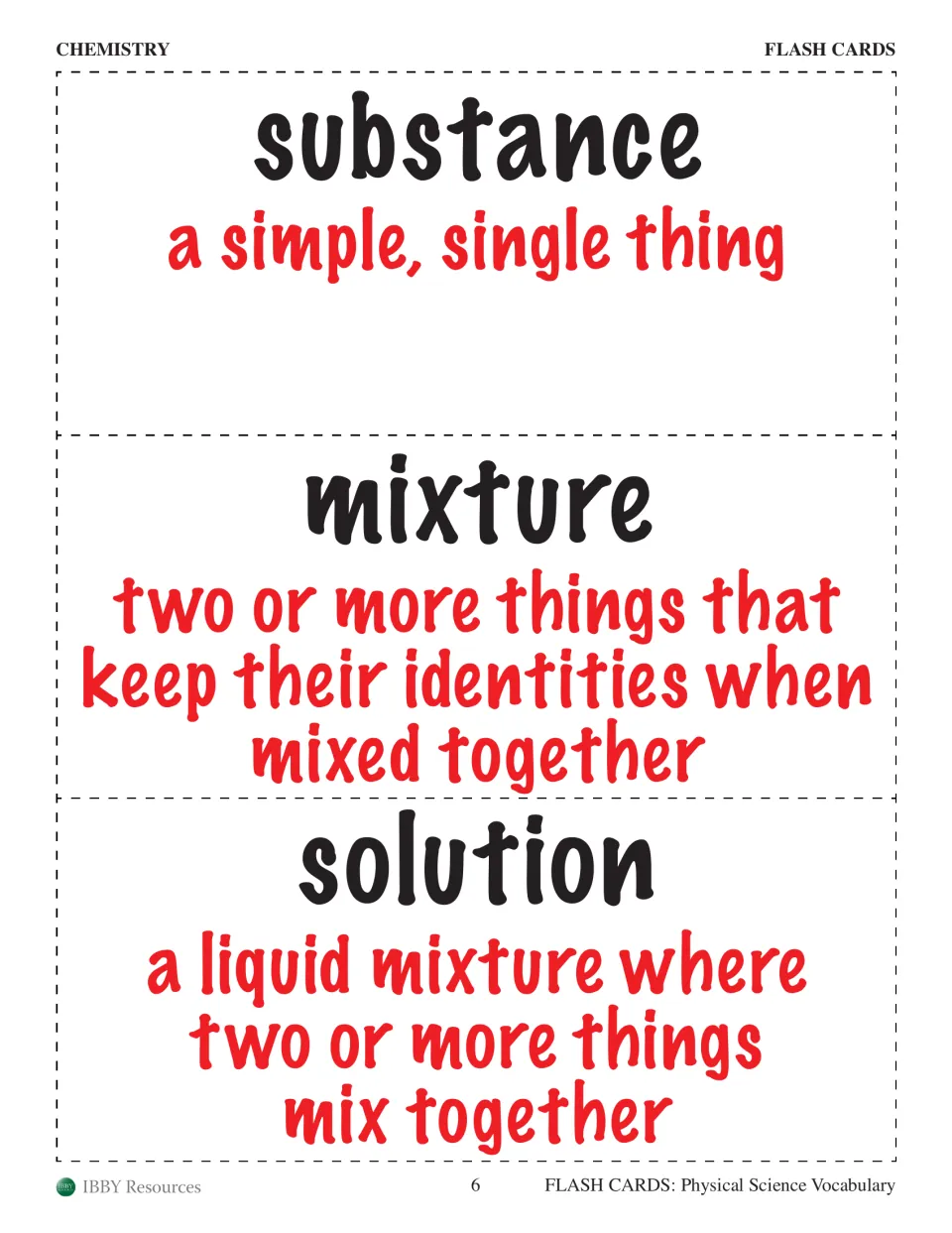 Chemistry flash cards for substance, mixture and solution, contrasting a mixture with a liquid solution