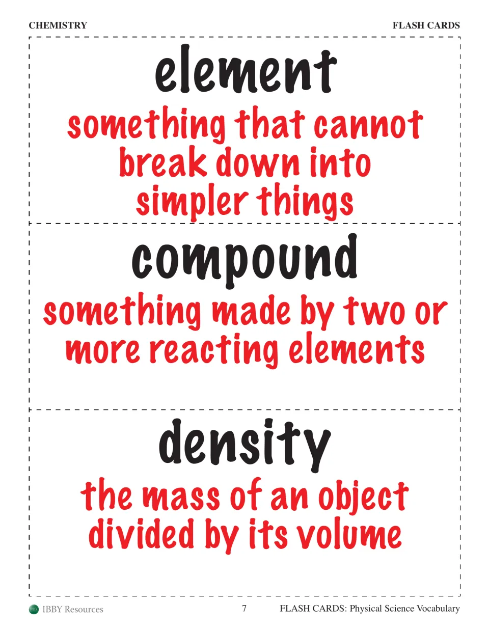 Chemistry flash cards for element, compound and density, with density given as mass divided by volume