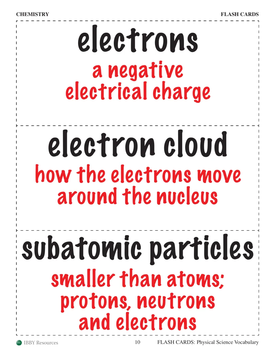 Chemistry flash cards for electrons, electron cloud and subatomic particles, which are protons, neutrons and electrons