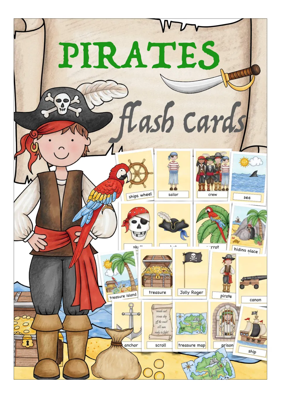 Pirate vocabulary cover: flash card title with a pirate boy, parrot and sample cards like ship, anchor and treasure map