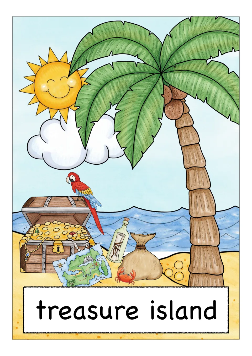 Treasure island word card: palm tree, open treasure chest, parrot, map and message in a bottle for vocabulary naming