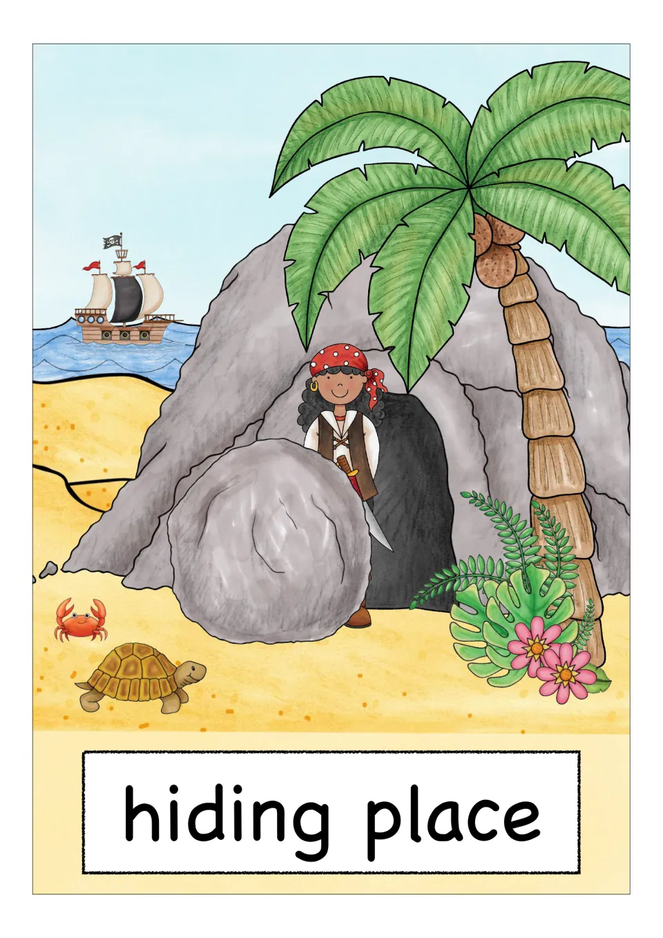 Hiding place word card: a pirate girl peeks out from a rocky cave behind a boulder while a pirate ship sails offshore