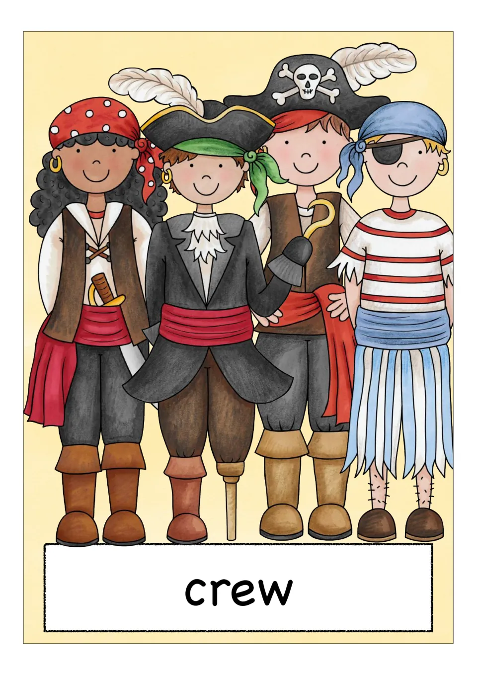 Crew word card: four pirate children stand together in hats and bandanas, one with a hook, to show a group noun