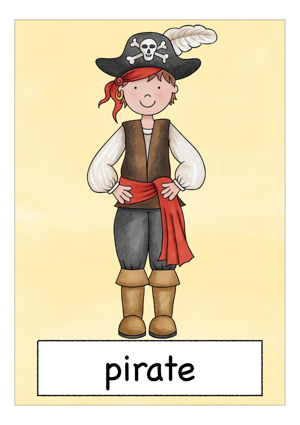 Pirate word card: a boy in a skull-and-crossbones hat with a feather, red sash and boots for picture-word matching