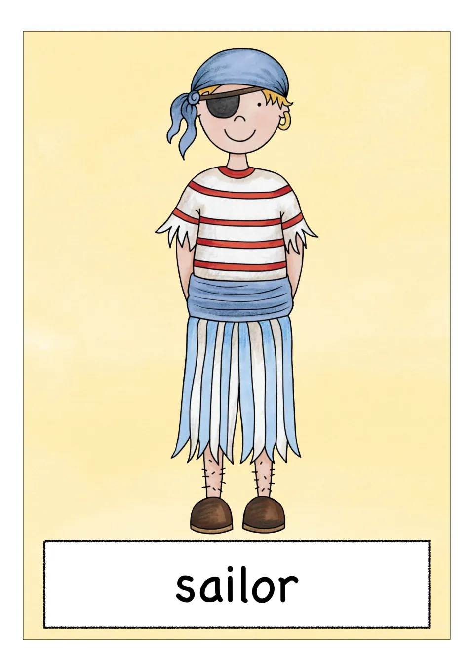 Sailor word card: a boy in a striped shirt, blue bandana, eye patch and ragged striped trousers stands smiling