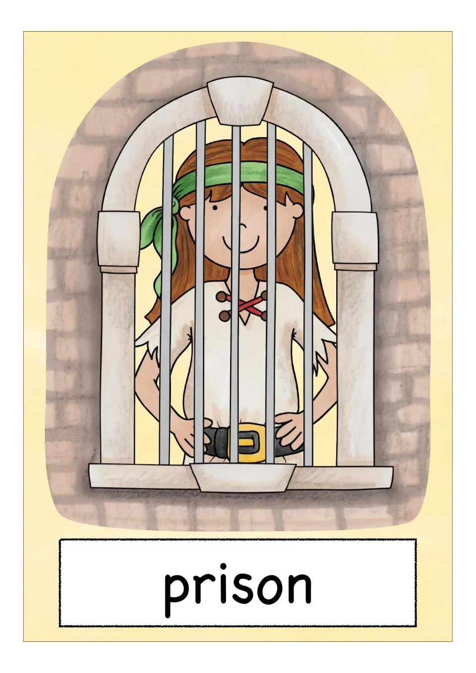 Prison word card: a pirate girl in a green headband stands behind the barred window of a brick cell