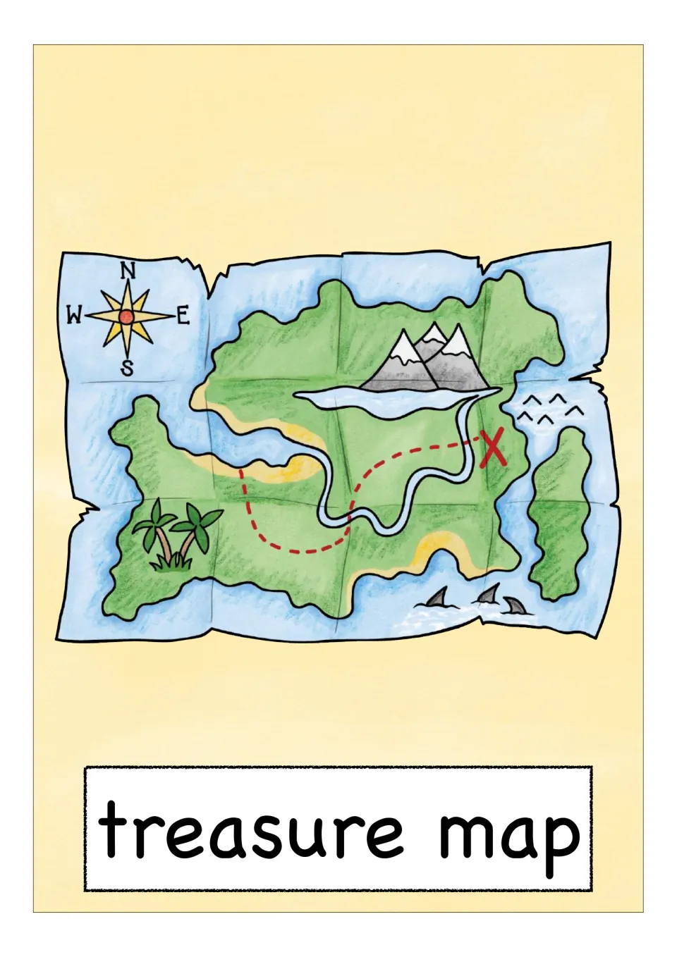 Treasure map word card: island map with a compass rose, dashed path, river, mountains and a red X for naming