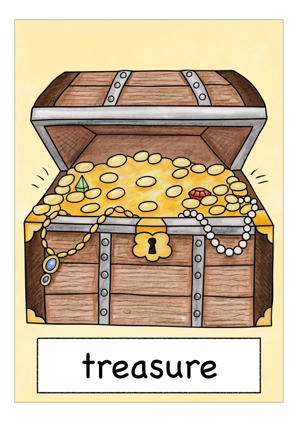 Treasure word card: an open wooden chest overflowing with gold coins, gems, pearls and a necklace to name the word