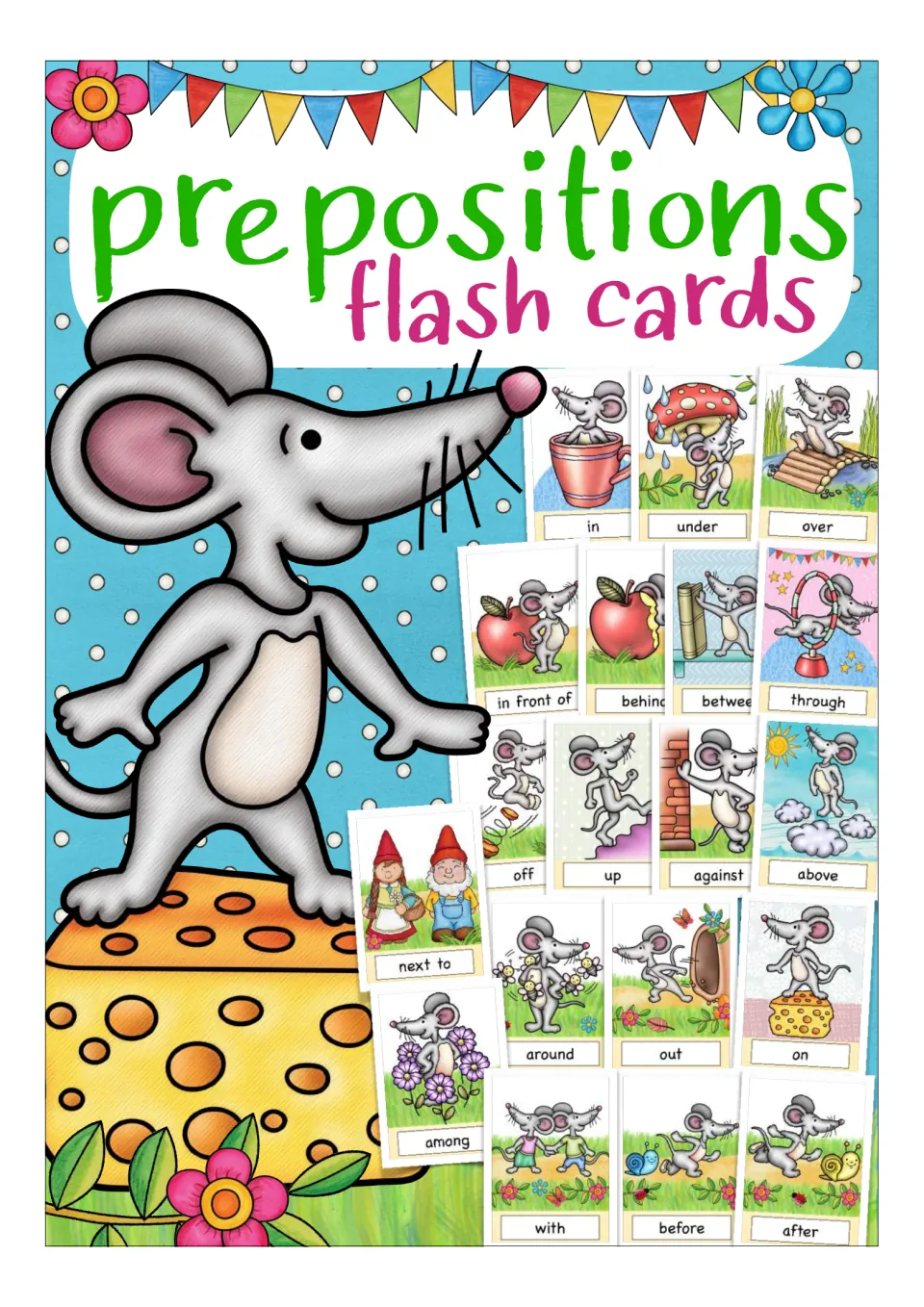 Preposition flashcard cover featuring a mouse and sample cards labeled in, under, over, and other words