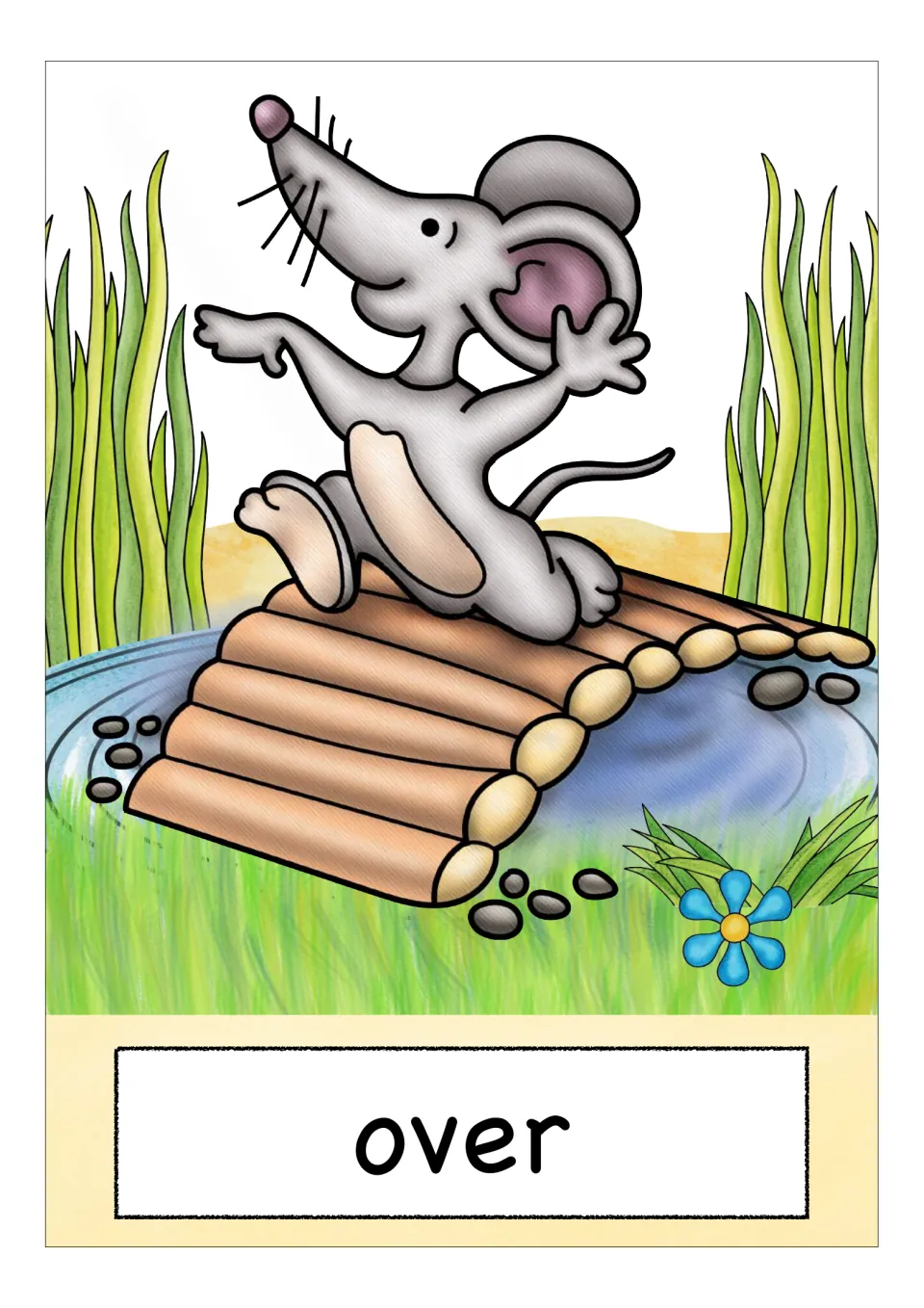 Preposition flashcard labeled “over,” showing a mouse crossing a wooden bridge over a stream of water