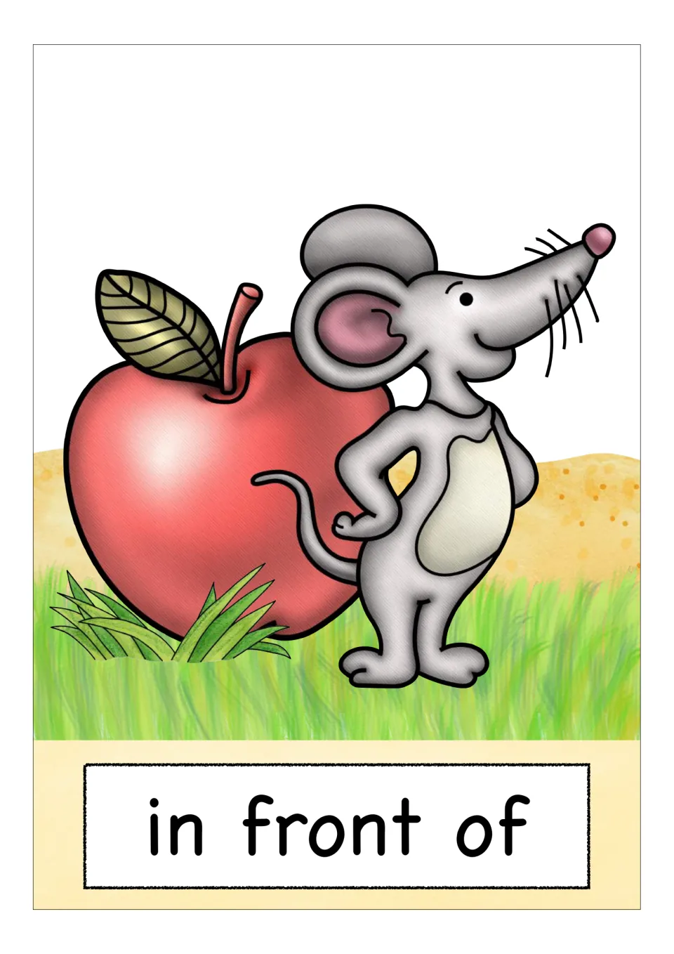 Preposition flashcard labeled “in front of,” showing a mouse standing in front of a large red apple