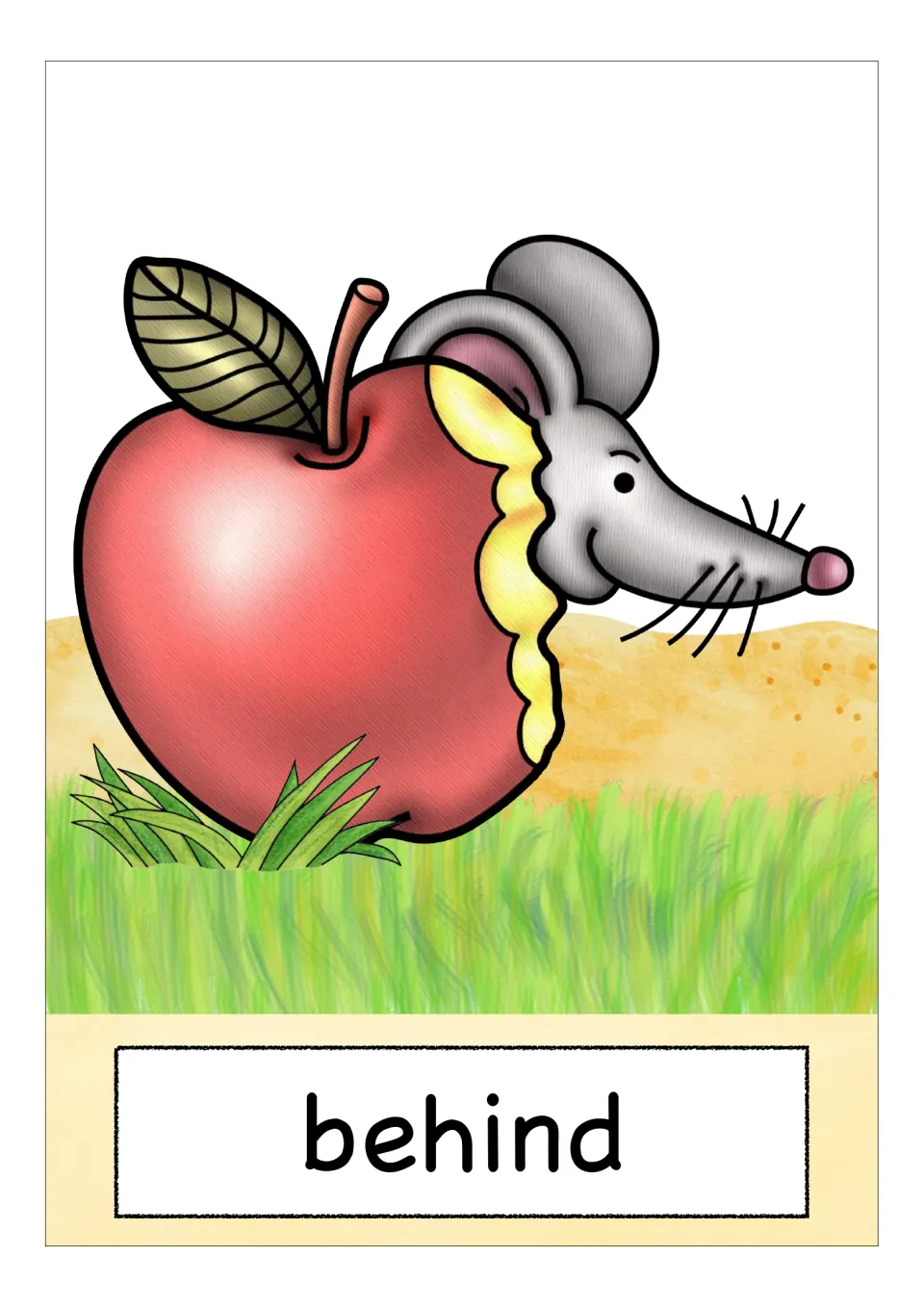 Preposition flashcard labeled “behind,” showing a mouse peeking from behind a red apple with a bite missing