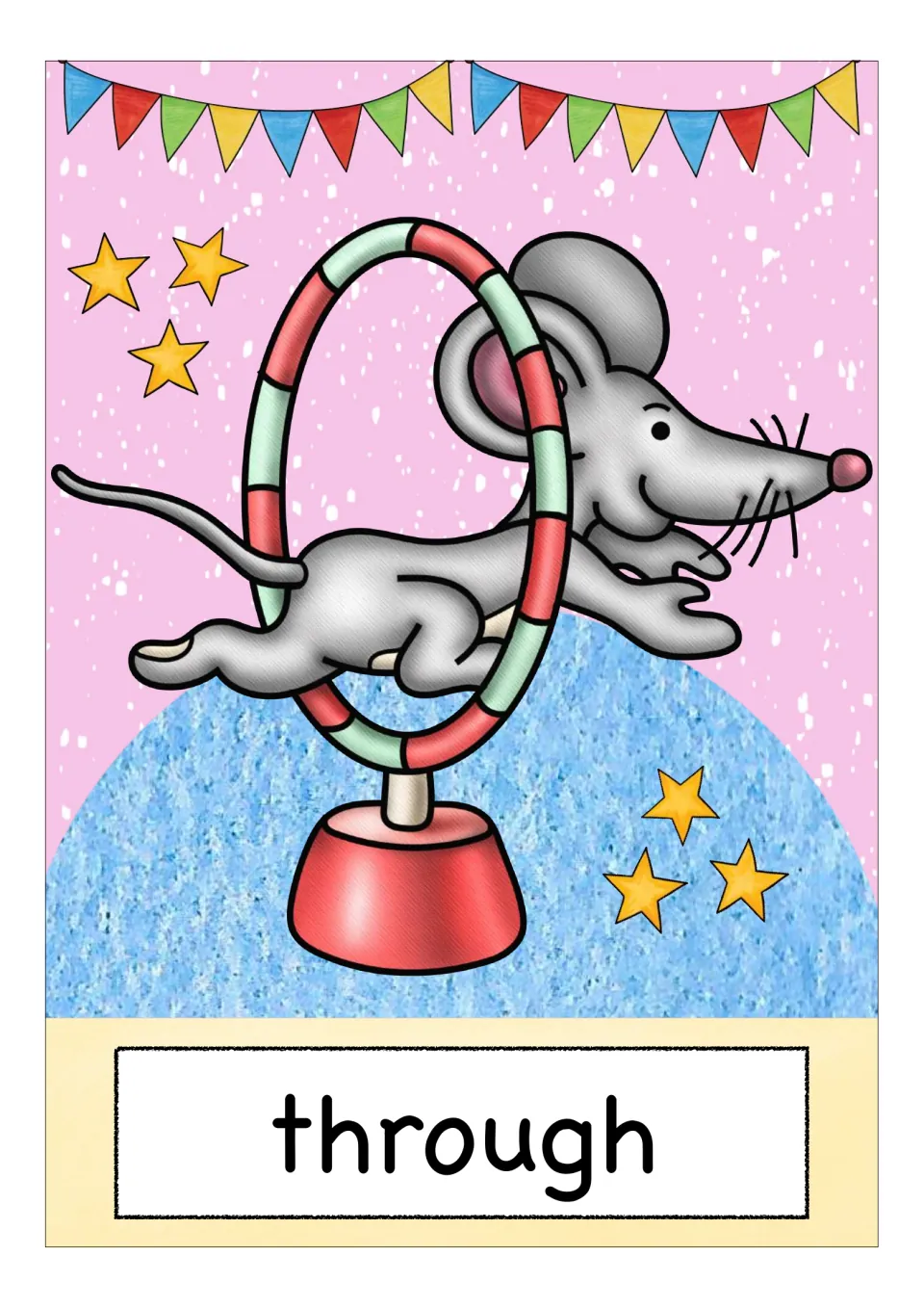 Preposition flashcard labeled “through,” showing a mouse jumping through a hoop attached to a stand