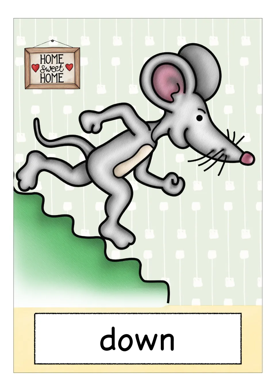 Preposition flashcard labeled “down,” showing a mouse moving down green stairs with one foot extended