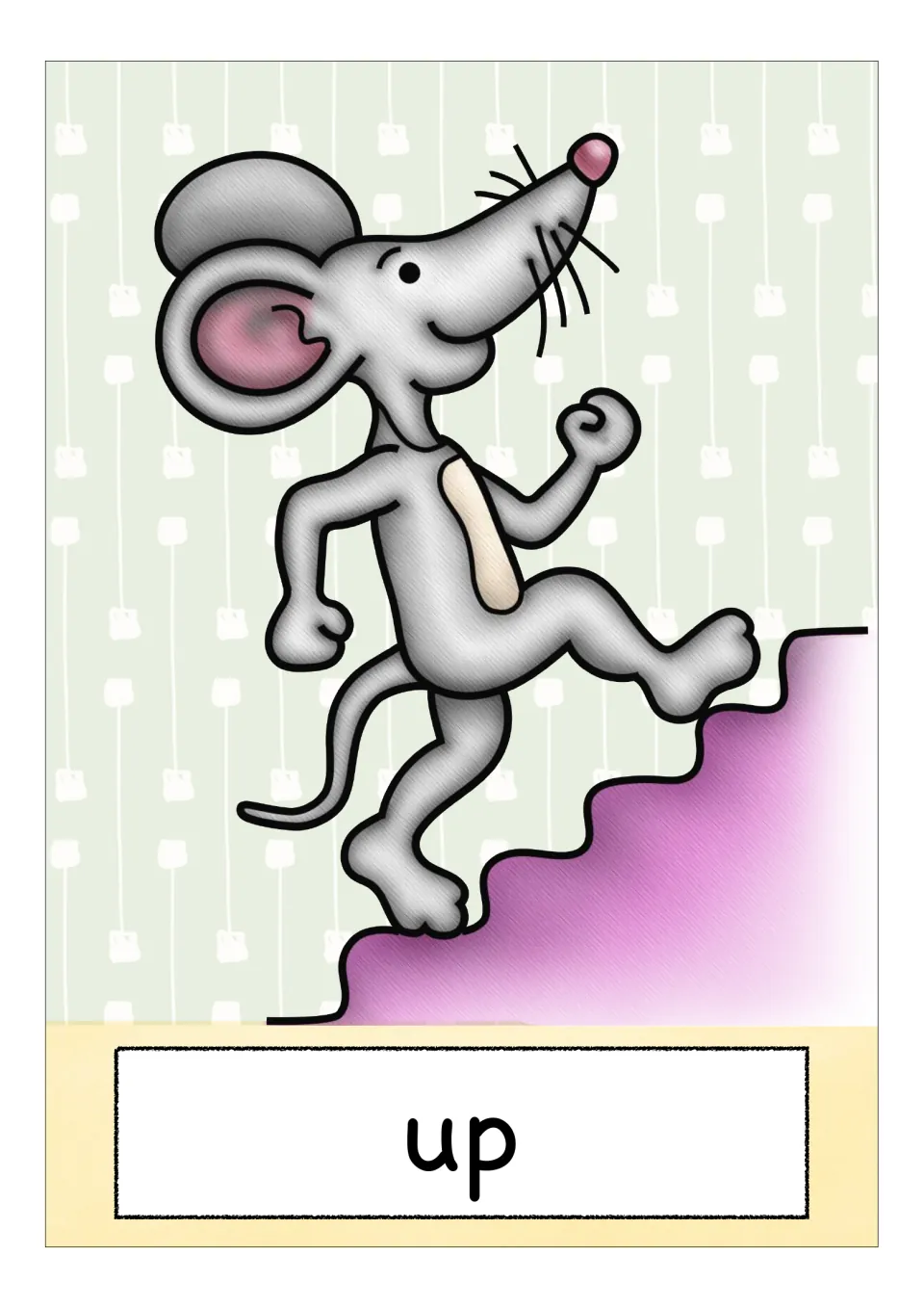 Preposition flashcard labeled “up,” showing a mouse climbing purple stairs with one foot raised to a step