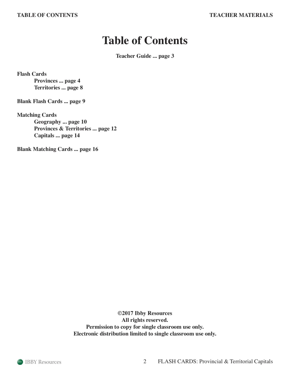 Table of contents listing the teacher guide, province and territory flash cards, blank cards and matching cards