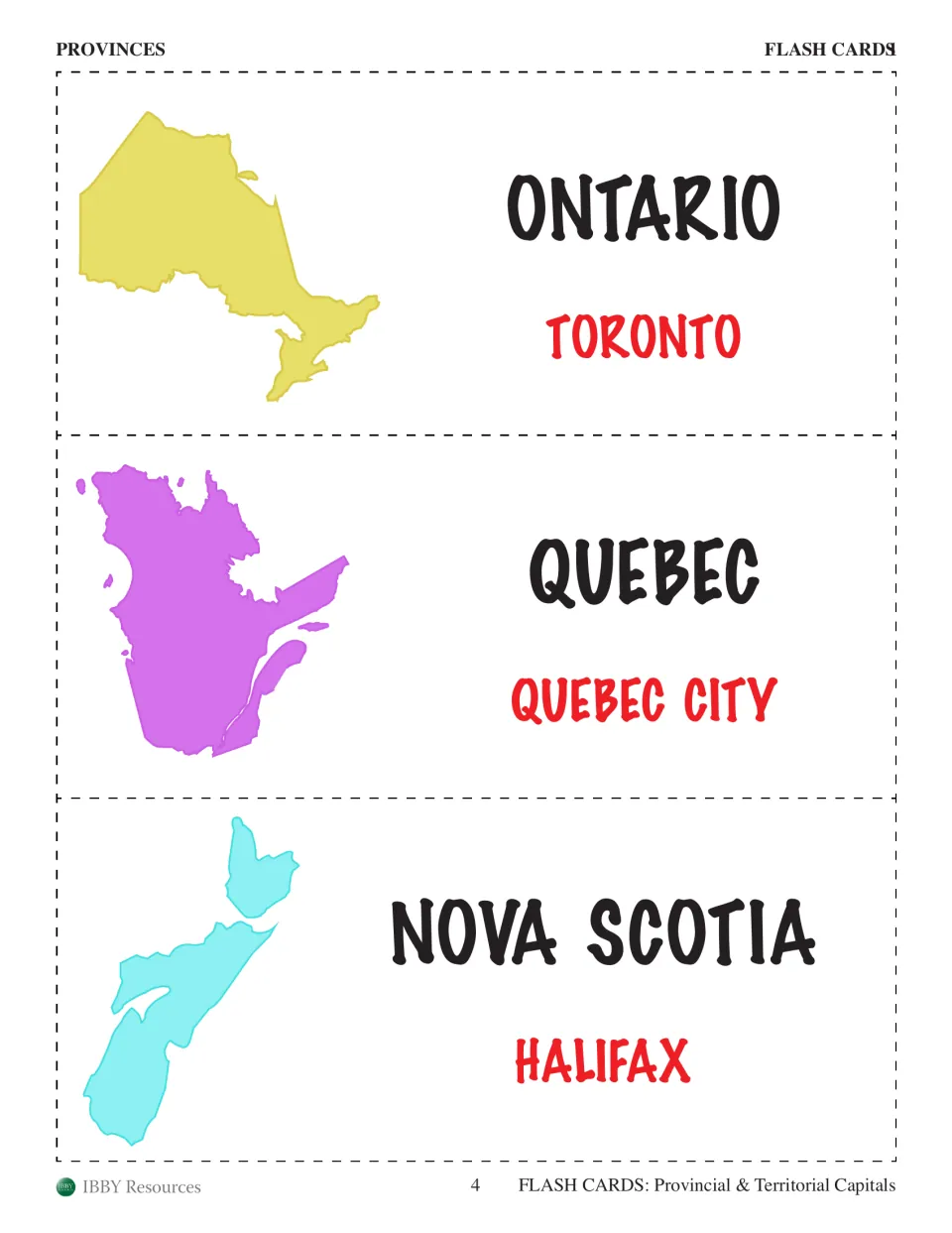 Province flash cards: Ontario with Toronto, Quebec with Quebec City, Nova Scotia with Halifax, each beside its map shape