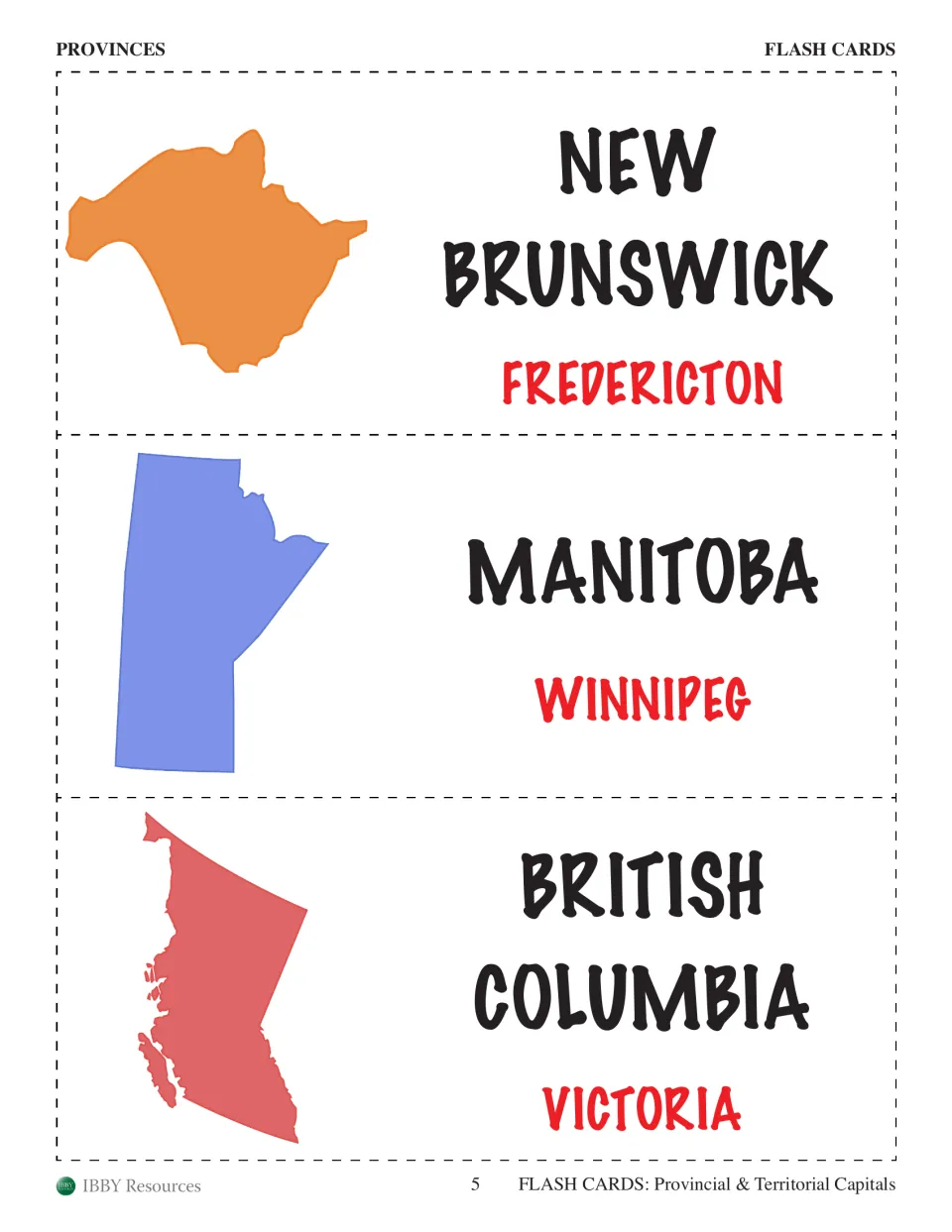 Province flash cards pairing New Brunswick with Fredericton, Manitoba with Winnipeg and British Columbia with Victoria