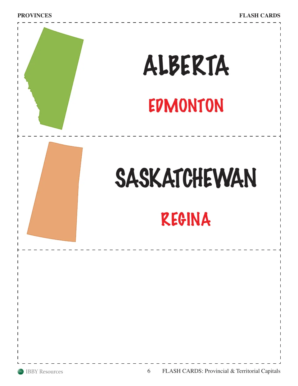 Province flash cards for Alberta with Edmonton and Saskatchewan with Regina, each shown with its outline map shape