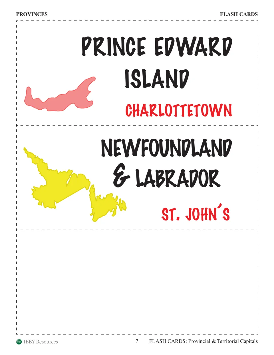 Province flash cards for Prince Edward Island with Charlottetown and Newfoundland & Labrador with St. John's
