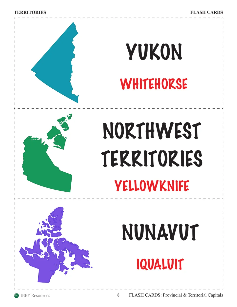 Territory flash cards: Yukon with Whitehorse, Northwest Territories with Yellowknife, and Nunavut with its capital