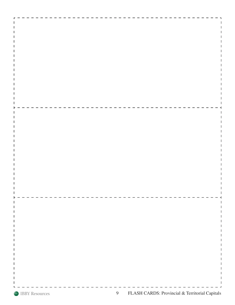 Blank flash cards: three empty cut-out cards for making extra province or territory capital cards