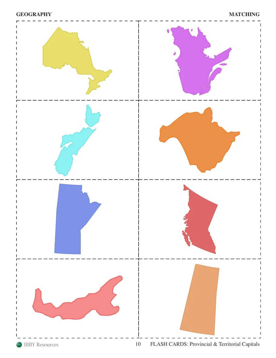 Geography matching cards: eight unlabeled province map shapes, from Ontario to Saskatchewan, to match with their names