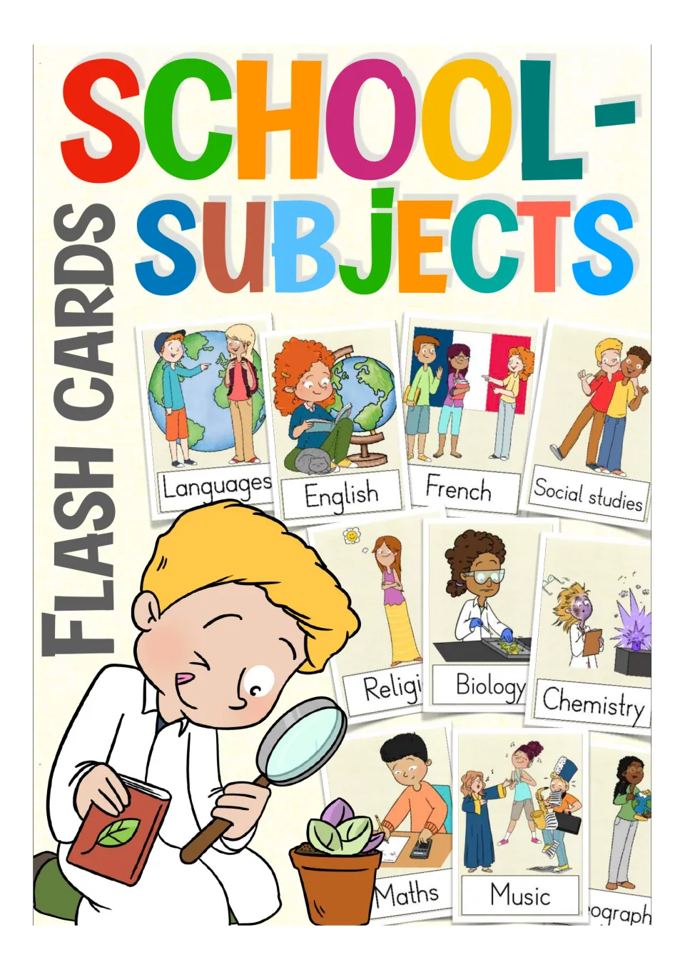 Cover of the school-subject flashcard set, showing sample cards labeled English, French, and Social studies
