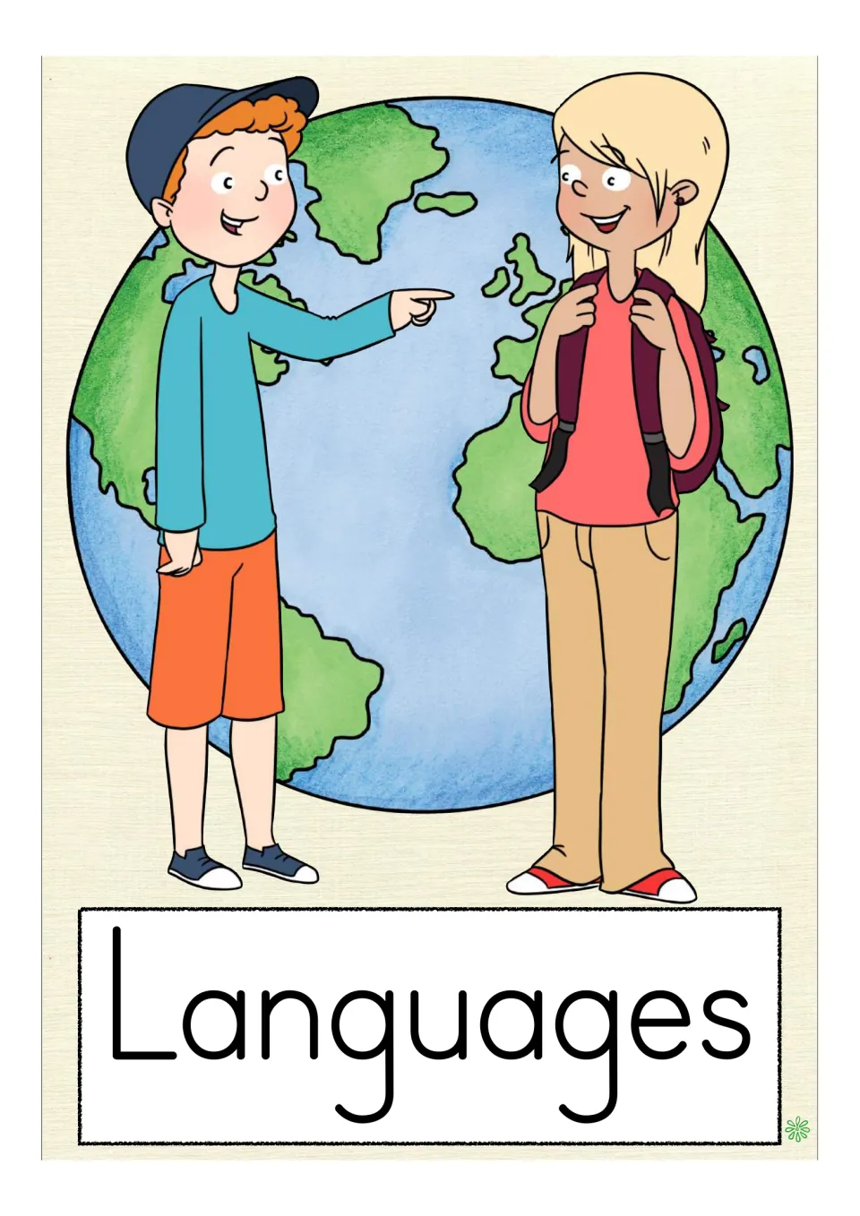 School-subject vocabulary flashcard labeled 'Languages,' showing two students standing in front of Earth