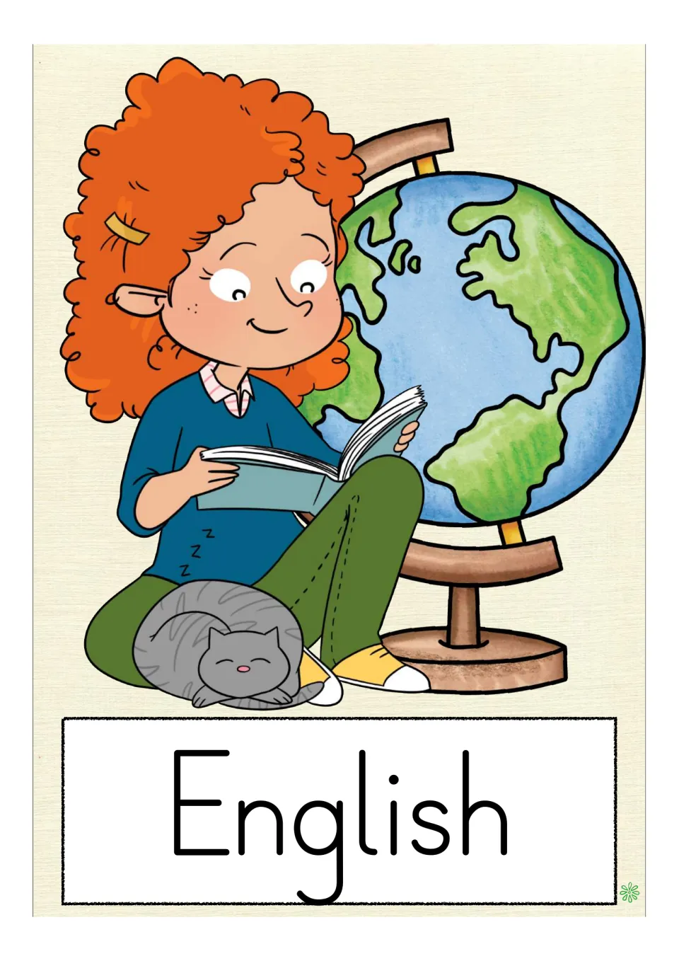 School-subject vocabulary flashcard labeled 'English,' showing a student reading a book beside a globe