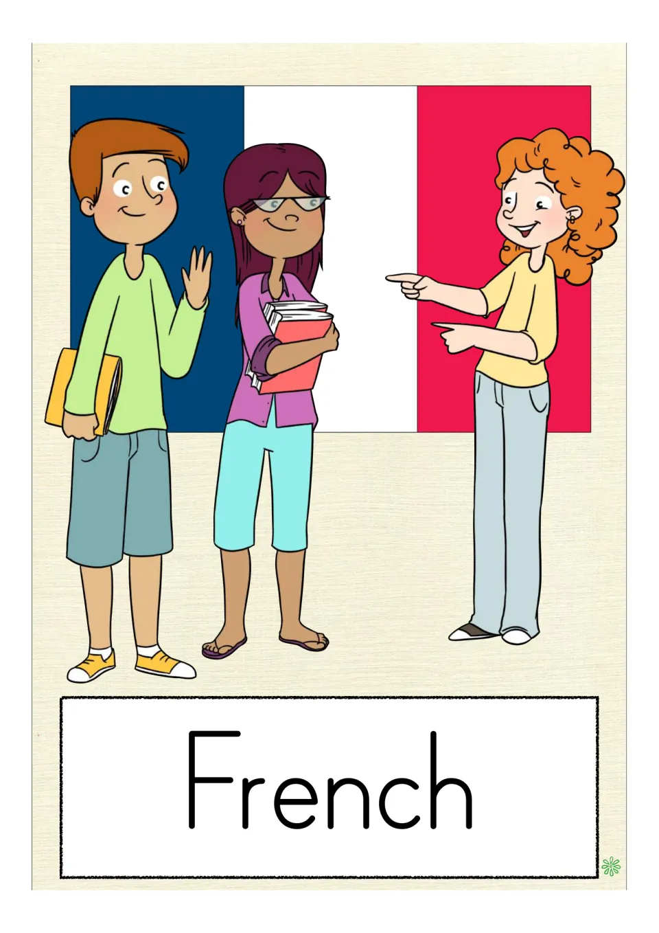 School-subject vocabulary flashcard labeled 'French,' showing three students in front of the French flag
