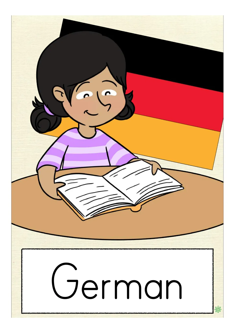 School-subject vocabulary flashcard labeled 'German,' showing a student reading in front of the German flag
