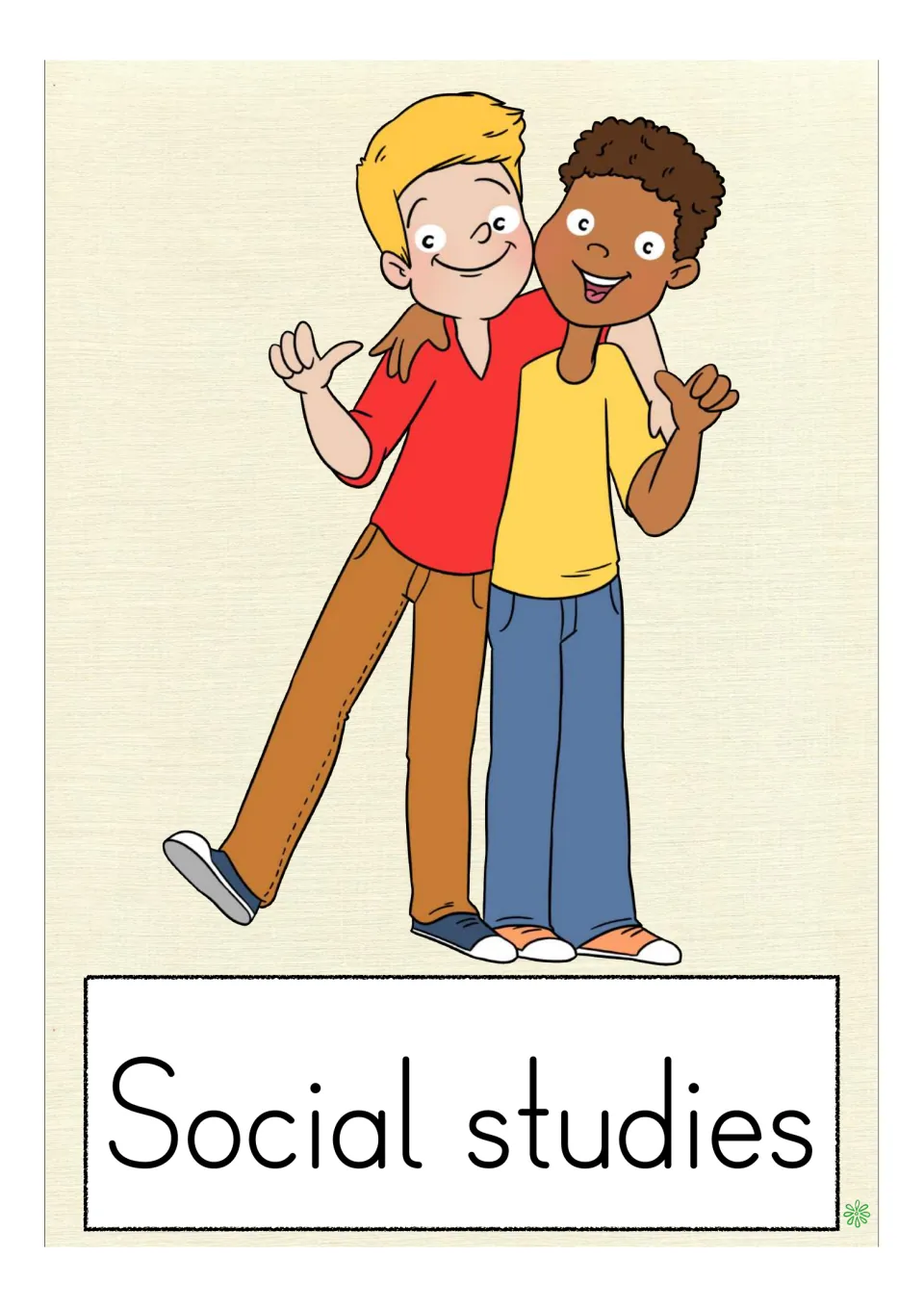 School-subject vocabulary flashcard labeled 'Social studies,' showing two students with arms around each other