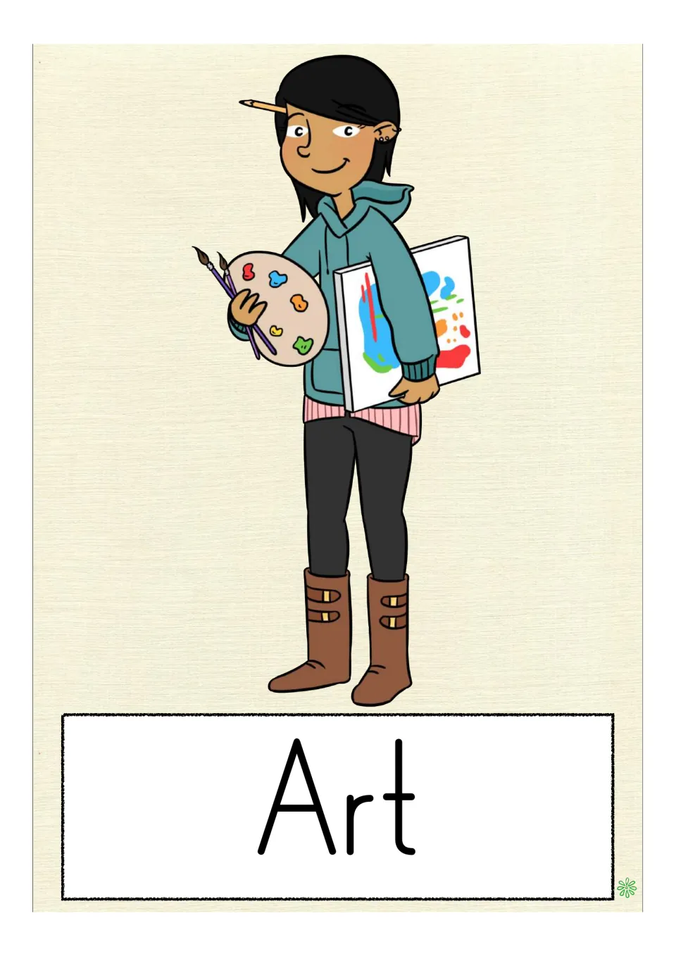 School-subject vocabulary flashcard labeled 'Art,' showing a student holding brushes, a palette, and artwork