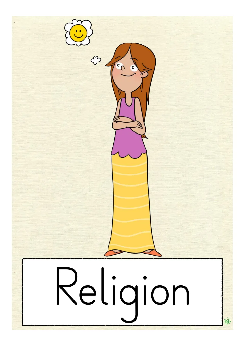 School-subject vocabulary flashcard labeled 'Religion,' showing a student thinking of a smiling flower