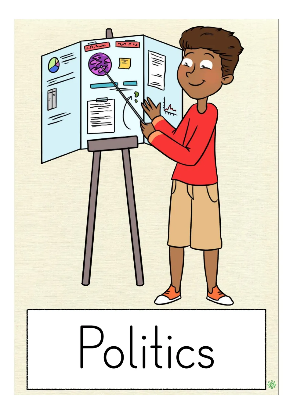 School-subject vocabulary flashcard labeled 'Politics,' showing a student pointing to a presentation display