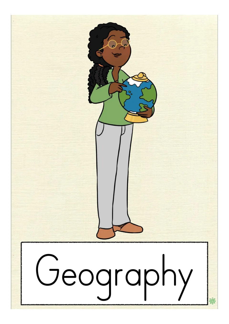 School-subject vocabulary flashcard labeled 'Geography,' showing a student holding and pointing to a globe