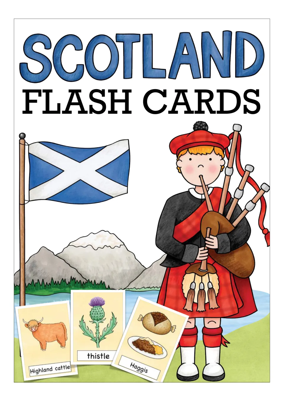 Scotland flashcard cover showing a bagpiper, the Scottish flag, and sample cattle, thistle, and haggis cards
