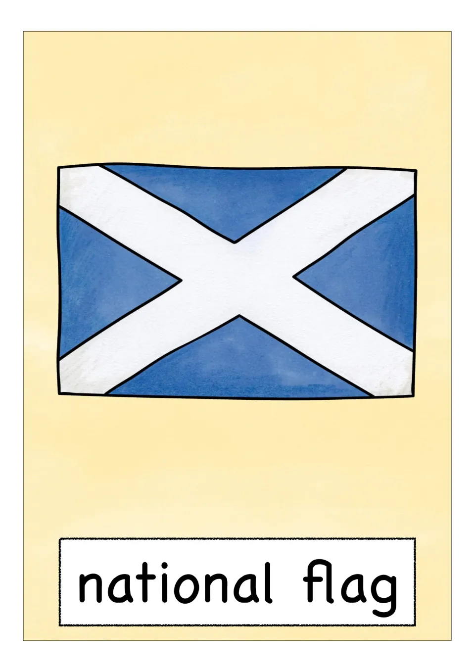 Scotland vocabulary flashcard labeled 'national flag', showing a blue flag with a white diagonal cross