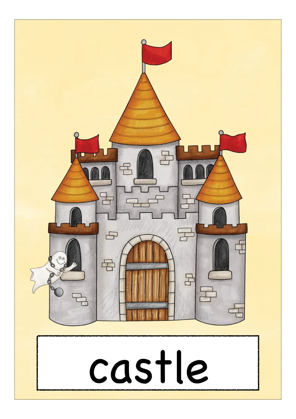Scotland vocabulary flashcard labeled 'castle', showing a stone castle with towers and a wooden entrance