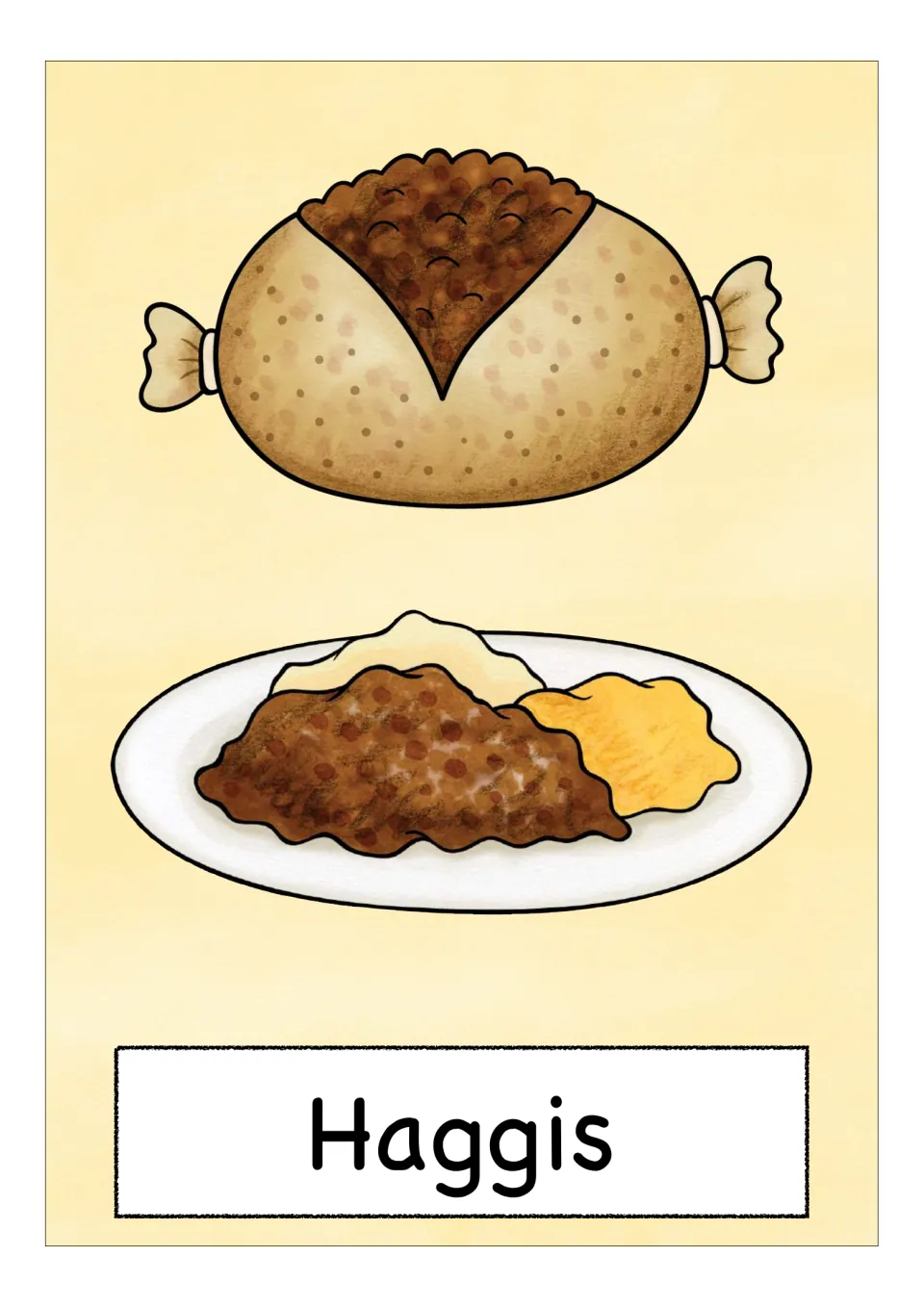 Scotland vocabulary flashcard labeled 'Haggis', showing a cut-open haggis and a serving on a plate below