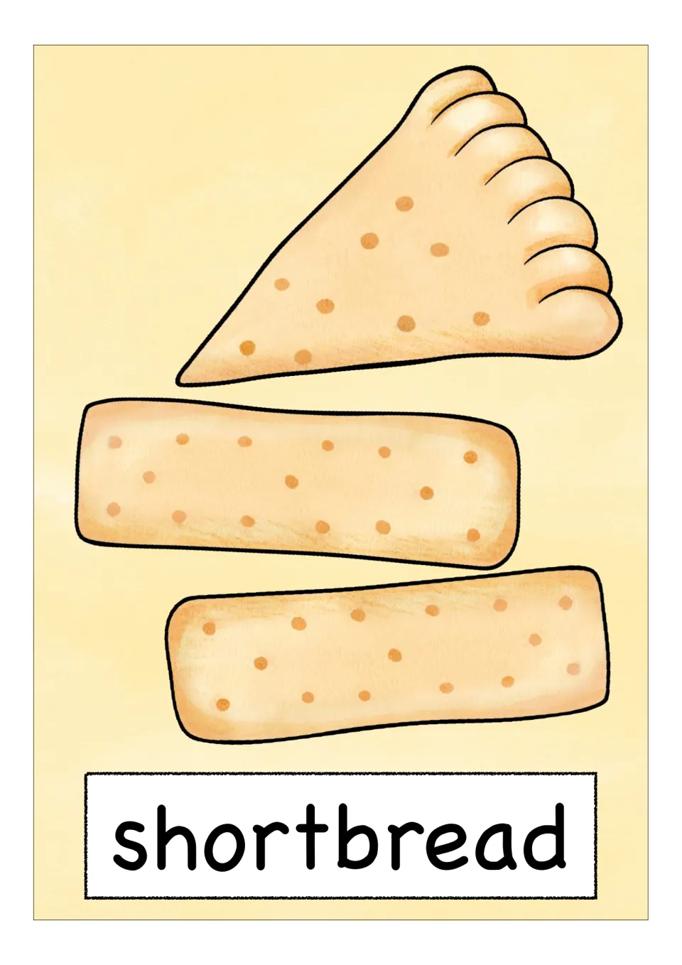 Scotland vocabulary flashcard labeled 'shortbread', showing one triangular piece and two rectangular pieces