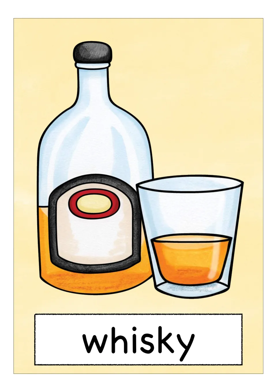 Scotland vocabulary flashcard labeled 'whisky', showing a bottle and a glass containing an amber drink