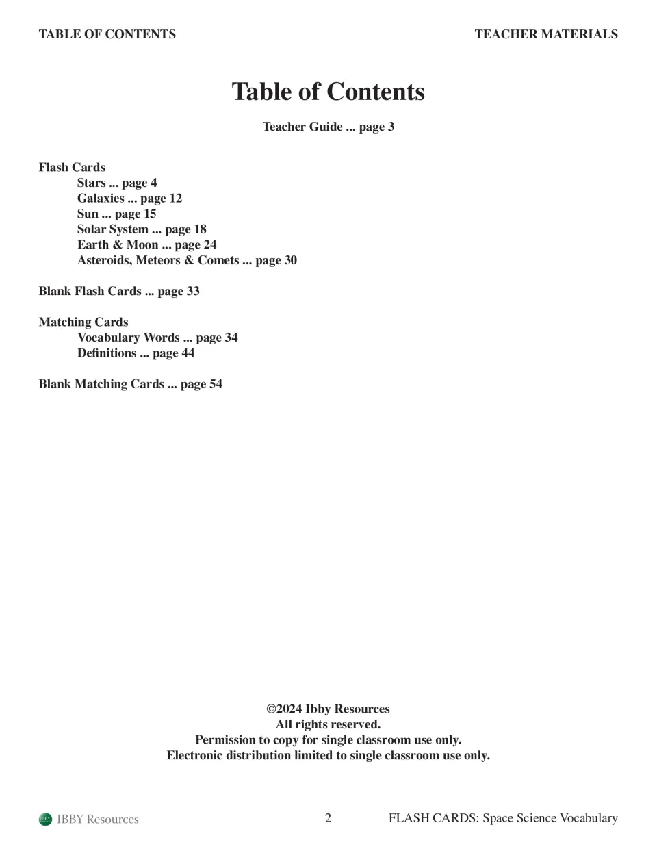 Table of contents lists six flash card topics, the teacher guide, word and definition matching cards, and blanks