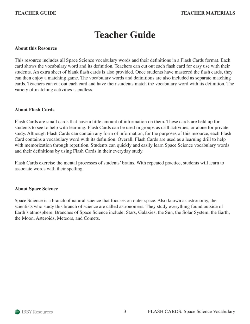 Teacher guide explains space science, flash card study, and matching separate vocabulary words to definitions