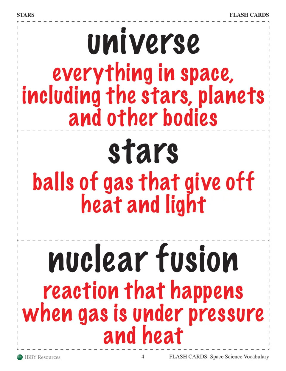 Stars flash cards 1–3 pair universe, stars, and nuclear fusion with definitions about space, light, and heat