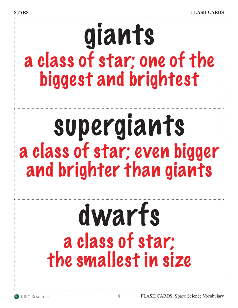 Stars flash cards 7–9 define giants, supergiants, and dwarfs through descriptions of star size and brightness
